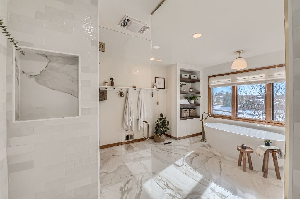 luxury bathroom marble floor glass shower denver co